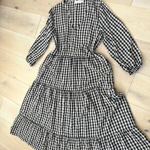 Petal And Pop Poplin Tiered Ruffle Midi Dress in Black Cream Gingham Sz 8